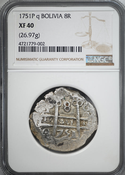 1751 P q Bolivia 8R Reales Cob NGC XF40