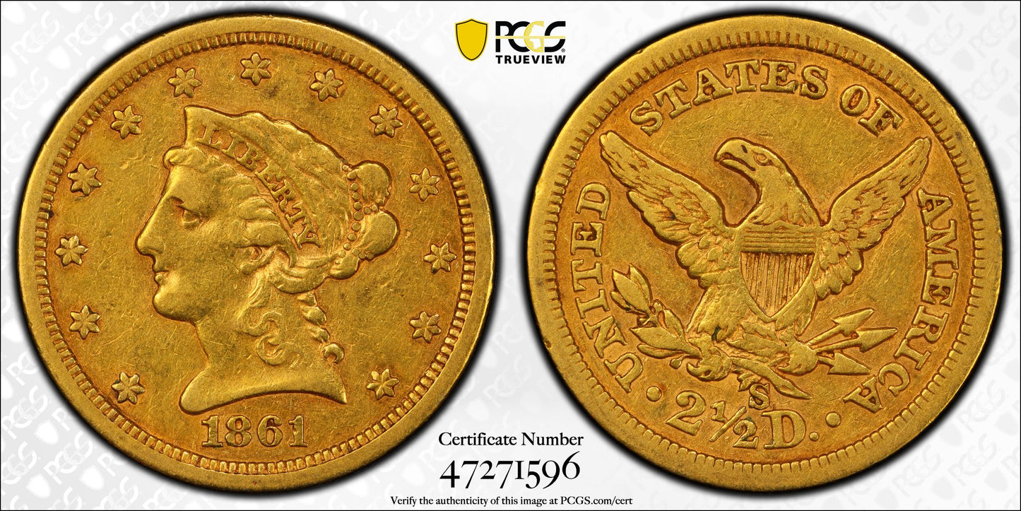 1861-S Liberty Head Gold Quarter Eagle $2.50 PCGS XF45 CAC