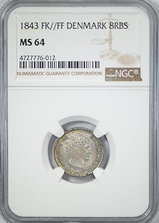 1843 FK//FF Denmark 8RBS Rigsbankskilling NGC MS64 - TONED!