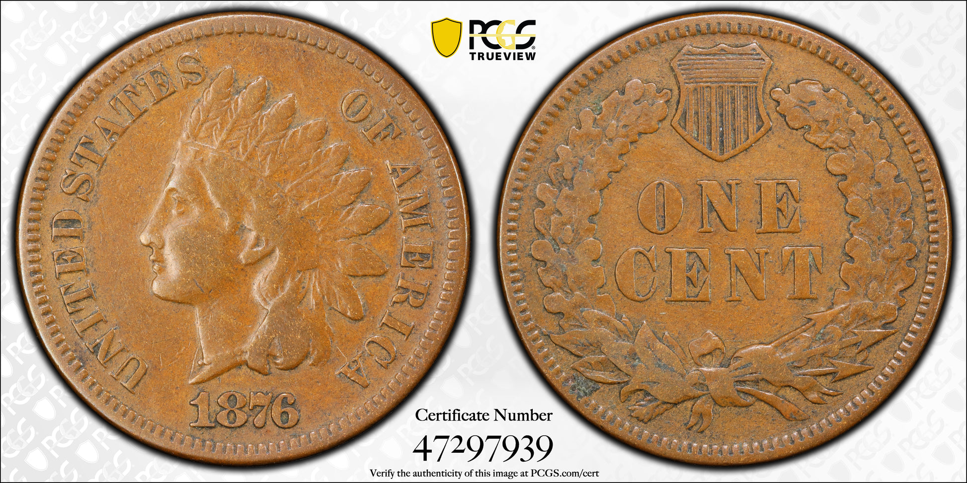 1876 Bronze Indian Head Cent 1C PCGS VF25 Trueview