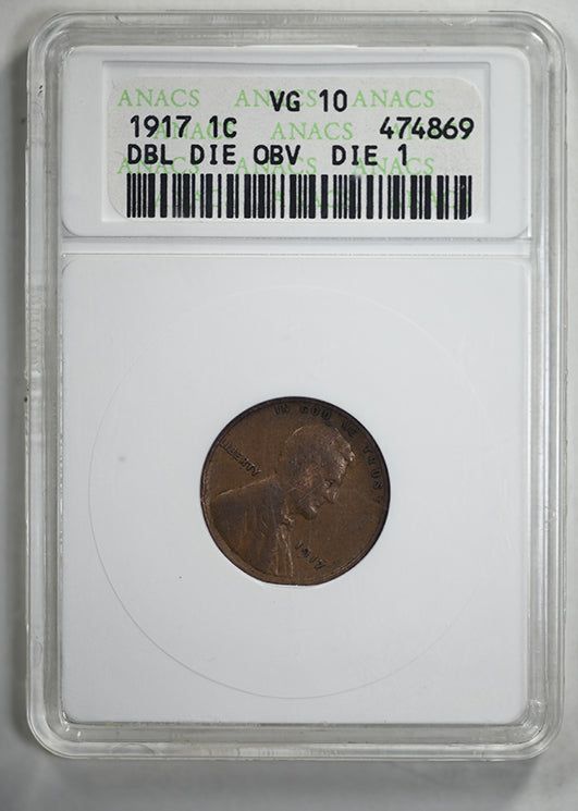 1917 Doubled Die Obverse Lincoln Wheat Cent 1C ANACS Soapbox VG10