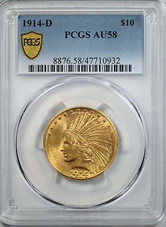 1914-D Indian Head Gold Eagle $10 PCGS AU58 Obverse Slab