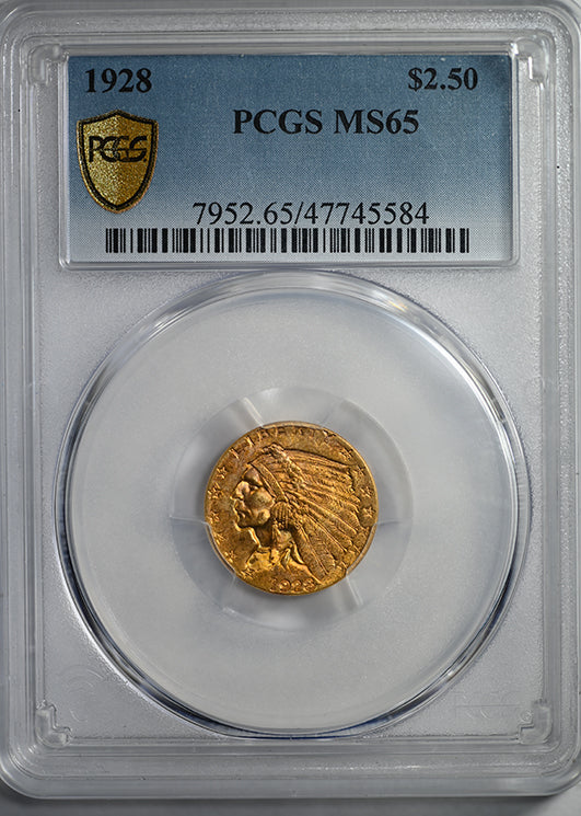 1928 Indian Head Gold Quarter Eagle $2.50 PCGS MS65 Obverse Slab