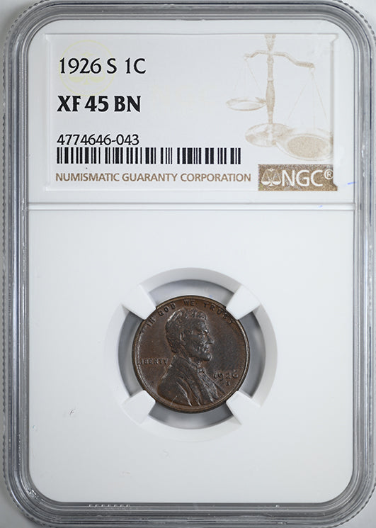 1926-S Lincoln Wheat Cent 1C NGC XF45BN