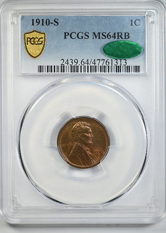 1910-S Lincoln Wheat Cent 1C PCGS MS64RB CAC Obverse Slab