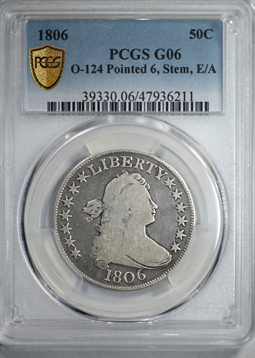 1806 Draped Bust Half Dollar 50C PCGS G06 O-124 Pointed 6, Stem, E/A