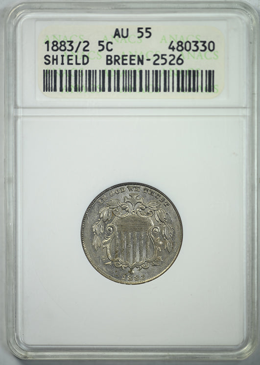 1883/2 Shield Nickel 5C ANACS AU55 Obverse Slab