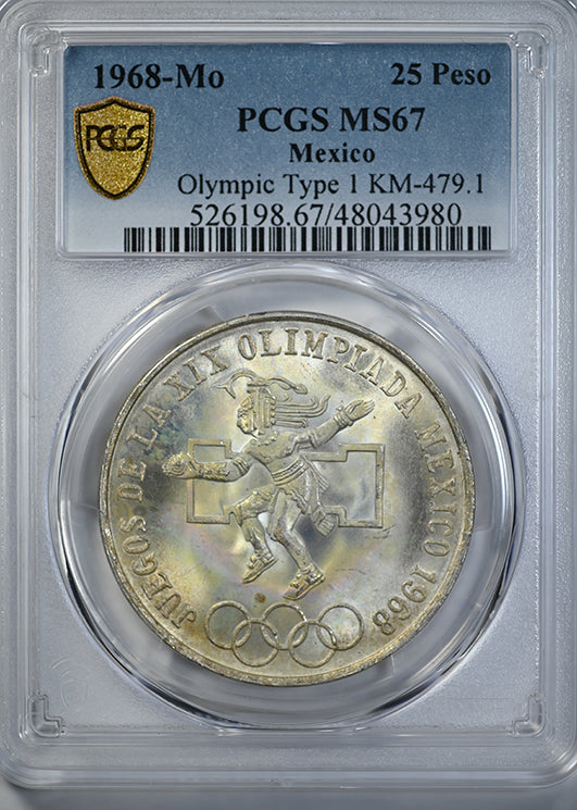 1968-Mo Mexico 25 Peso PCGS MS67 Olympic Type 1 KM-479.1 - TONED! Obverse Slab