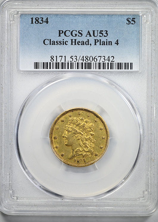 1834 Classic Head Gold Half Eagle $5 PCGS AU53 - Plain 4