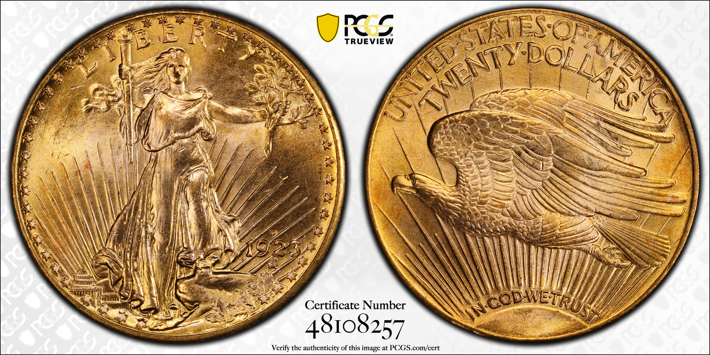1923-D Saint Gaudens Gold Double Eagle $20 PCGS MS66+ CAC Trueview