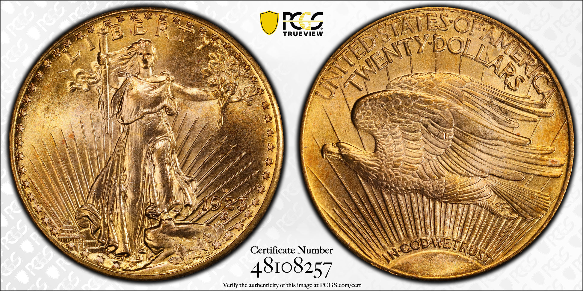 1923-D Saint Gaudens Gold Double Eagle $20 PCGS MS66+ CAC Trueview