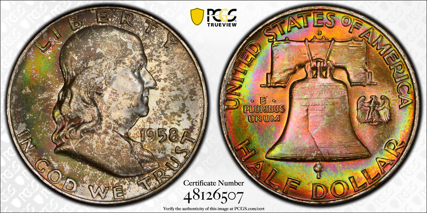 1958-D Franklin Half Dollar 50C PCGS MS67 - RAINBOW TONED!