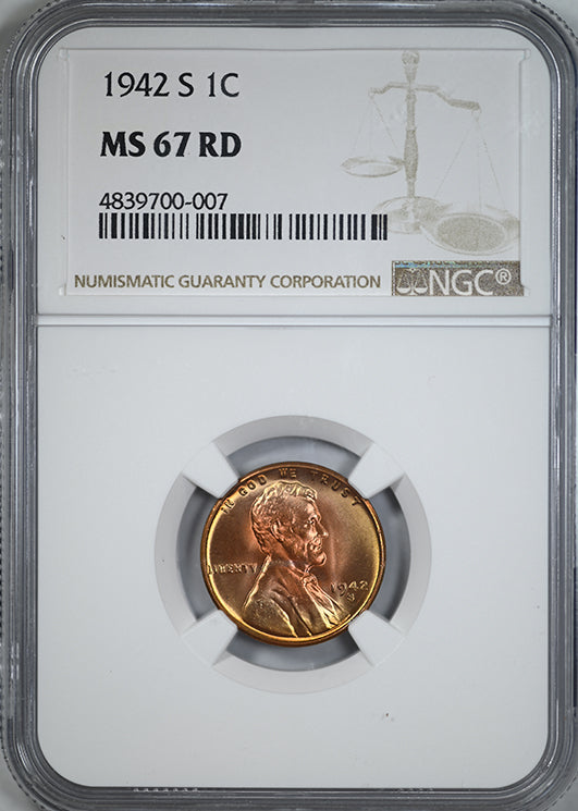 1942-S Lincoln Wheat Cent 1C NGC MS67RD - TONED!