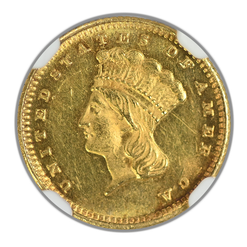 1873 Open 3 Indian Princess Head Gold Dollar G$1 NGC MS61PL - Prooflike Obverse