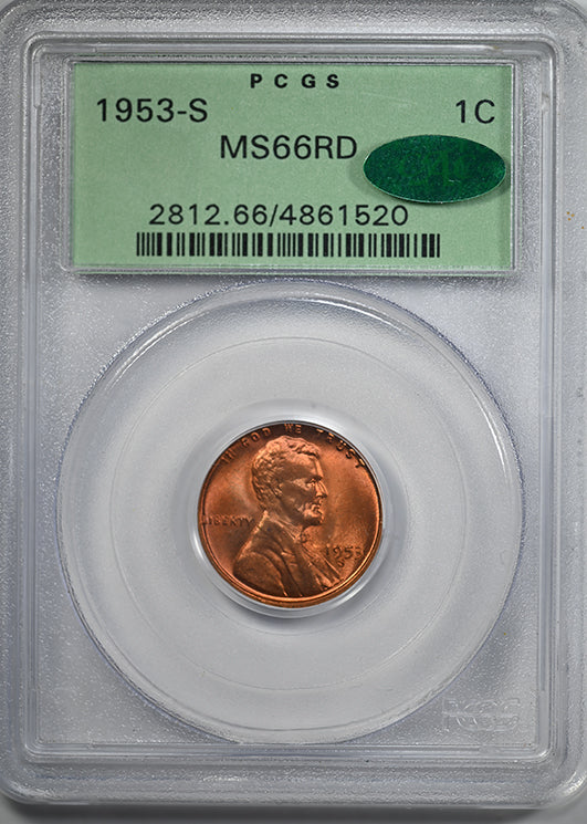 1953-S Lincoln Wheat Cent 1C PCGS MS66RD CAC OGH Obverse Slab