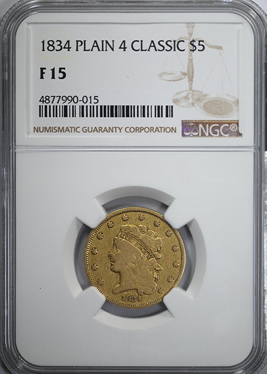 1834 Classic Head Gold Half Eagle $5 NGC F15 - Plain 4