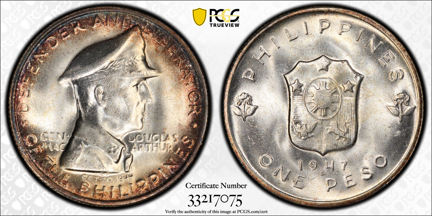 1947-S Philippines 1 Peso PCGS MS65 MacArthur KM-185 - TONED! Trueview