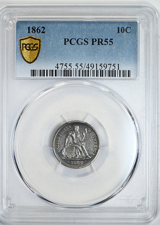 1862 Proof Liberty Seated Dime 10C PCGS PR55 Obverse Slab