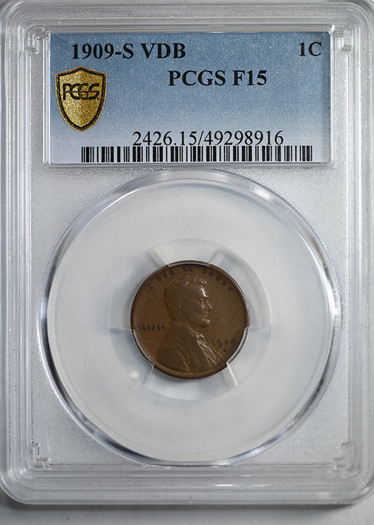 1909-S VDB Lincoln Wheat Cent 1C PCGS F15 - KEY DATE! Obverse Slab