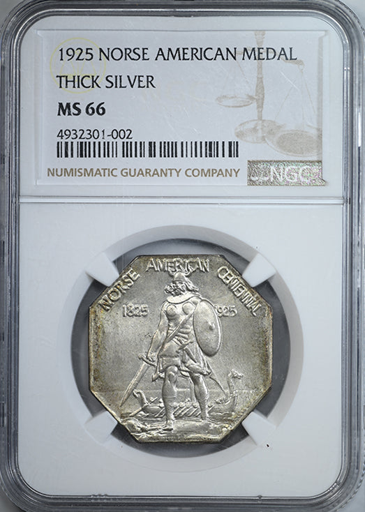 1925 Norse American Centennial Silver Medal NGC MS66 Thick Planchet