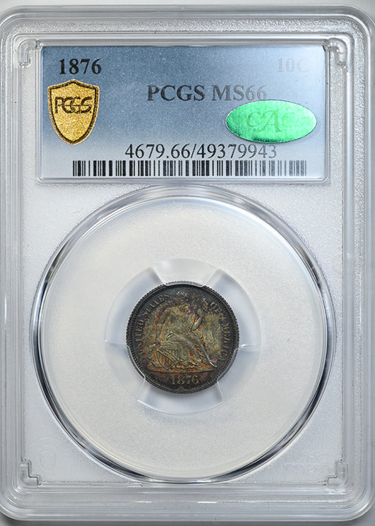 1876 Liberty Seated Dime 10C PCGS MS66 CAC - TONED! Obverse Slab