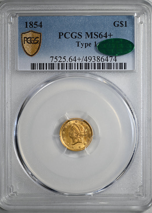 1854 Type 1 Liberty Head Gold Dollar G$1 PCGS MS64+ CAC