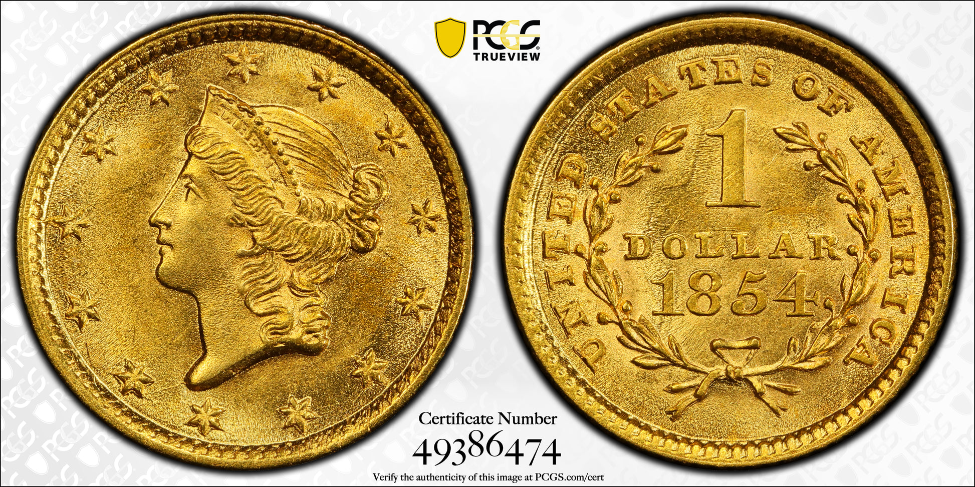 1854 Type 1 Liberty Head Gold Dollar G$1 PCGS MS64+ CAC