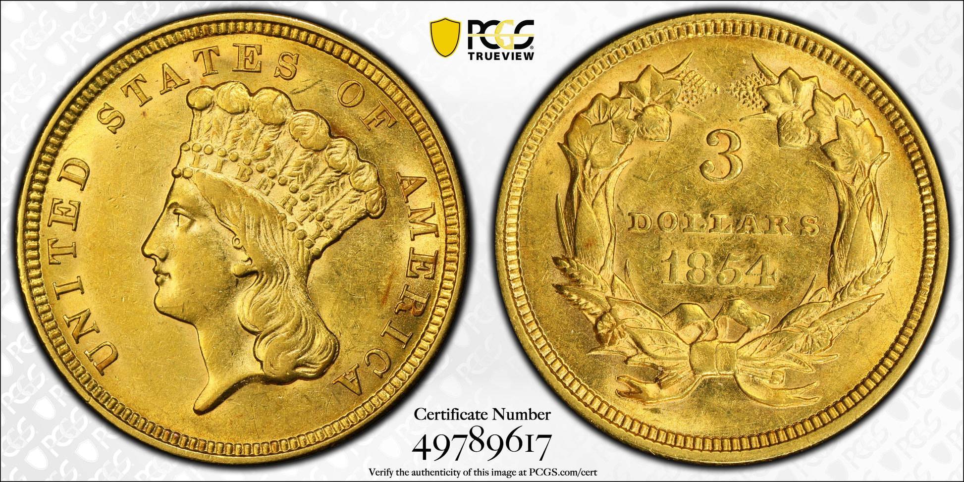 1854 Indian Princess Gold Three Dollar Piece $3 PCGS AU55 CAC Trueview