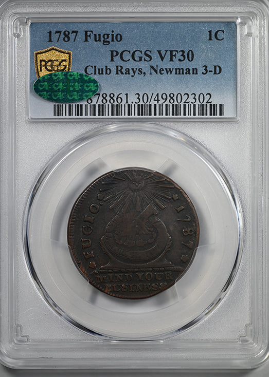 1787 Fugio Cent 1C Club Rays, Newman 3-D PCGS VF30 CAC