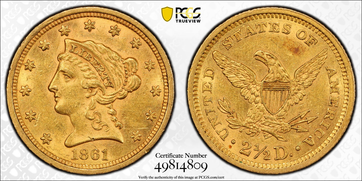 1861 Liberty Head Gold Quarter Eagle $2.50 PCGS AU58 - New Reverse Trueview