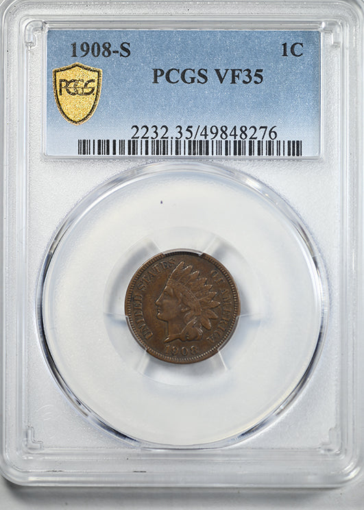 1908-S Bronze Indian Head Cent 1C PCGS VF35 Obverse Slab