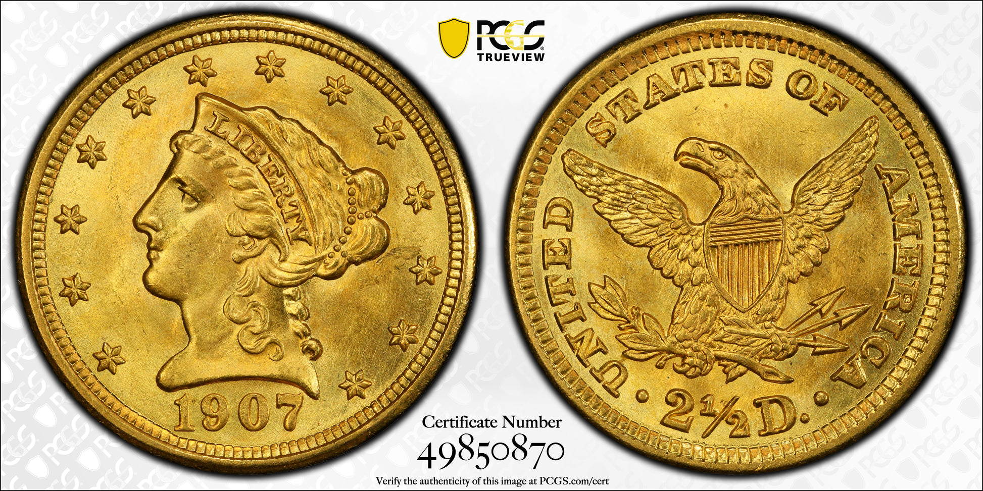 1907 Liberty Head Gold Quarter Eagle $2.50 PCGS MS66+ Trueview