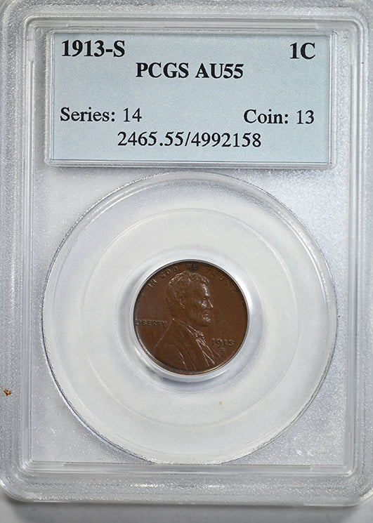1913-S Lincoln Wheat Cent 1C PCGS AU55