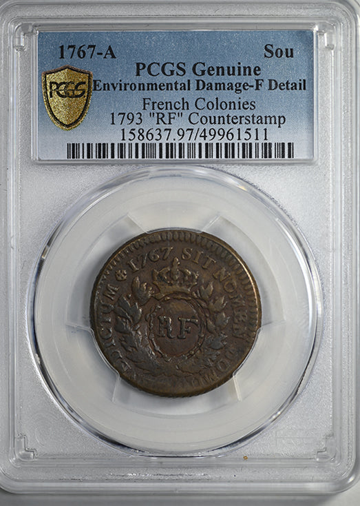 1767-A French Colonies Colonial Sou PCGS Genuine - 1793 "RF" Counterstamp