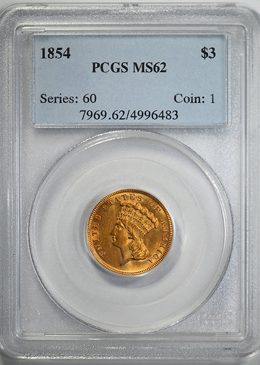 1854 Indian Princess Gold Three Dollar Piece $3 PCGS MS62