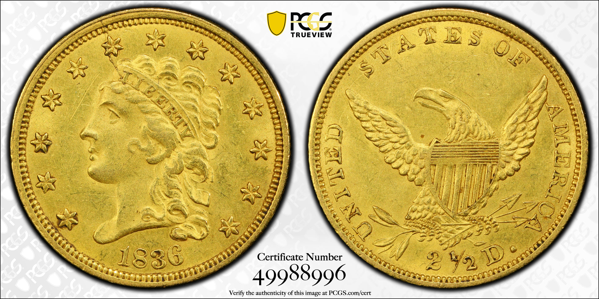 1836 Classic Head Gold Quarter Eagle $2.50 PCGS MS61 - Script 8 Trueview