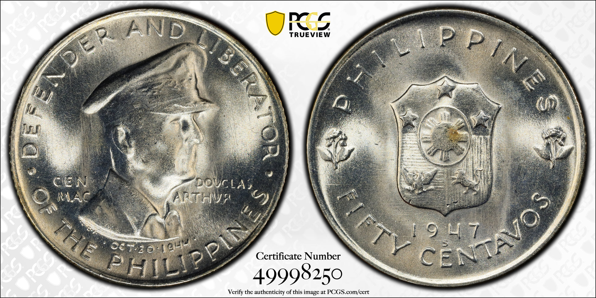 1947-S USA Philippines 50C Centavos PCGS MS66 - MacArthur KM-184