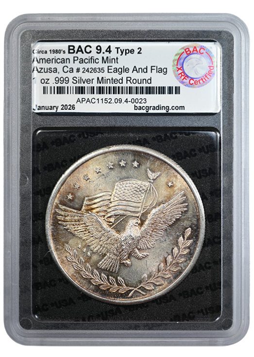 ca.1980’s American Pacific Mint Eagle & Flag Type 2 1oz Silver Round BAC 9.4