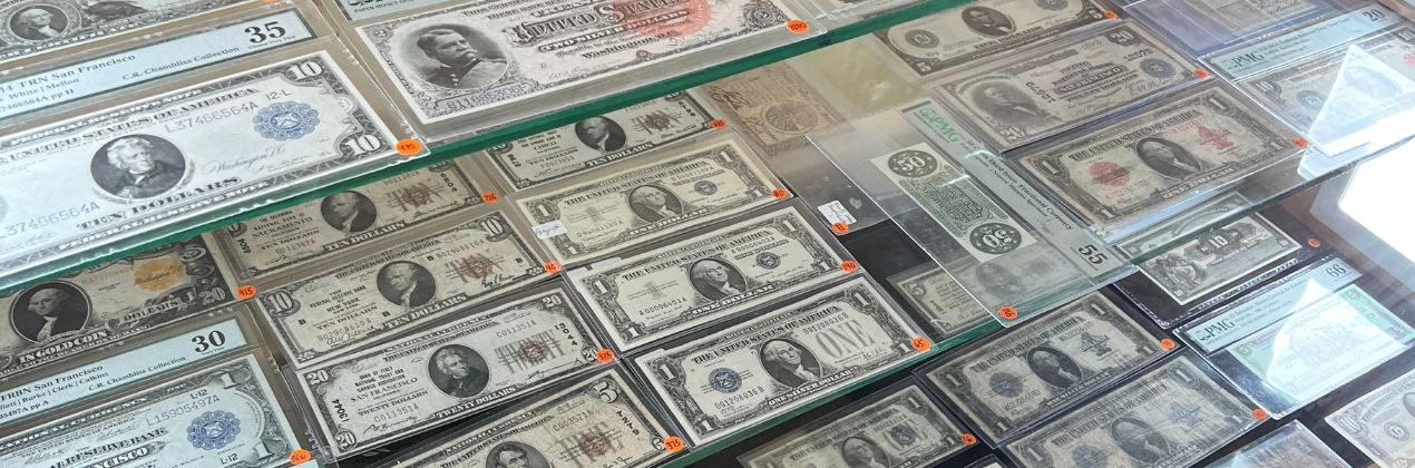 Array of currency and notes from the US and other countries