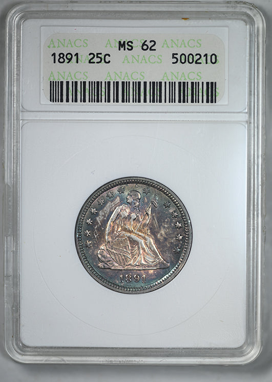 1891 Liberty Seated Quarter 25C ANACS Soapbox MS62 - TONED!