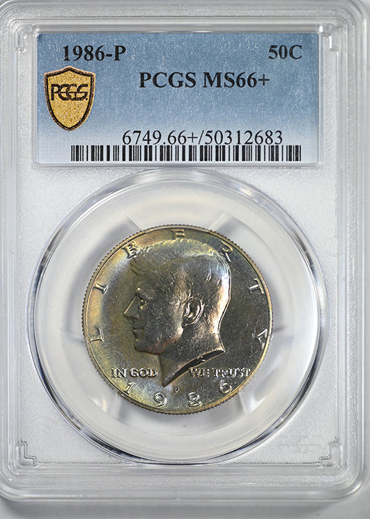 1986-P Kennedy Half Dollar 50C PCGS MS66+ - TONED! Obverse Slab