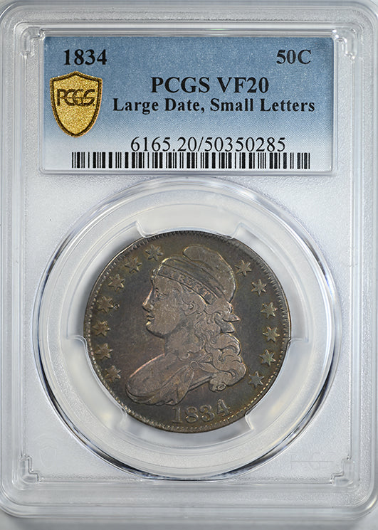 1834 Capped Bust Half Dollar 50C PCGS VF20 - Large Date, Small Letters - TONED!