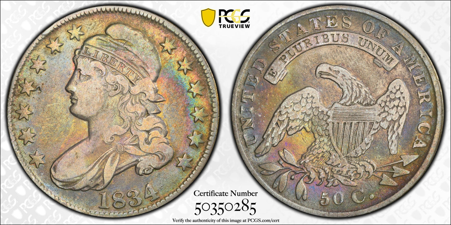 1834 Capped Bust Half Dollar 50C PCGS VF20 - Large Date, Small Letters - TONED!