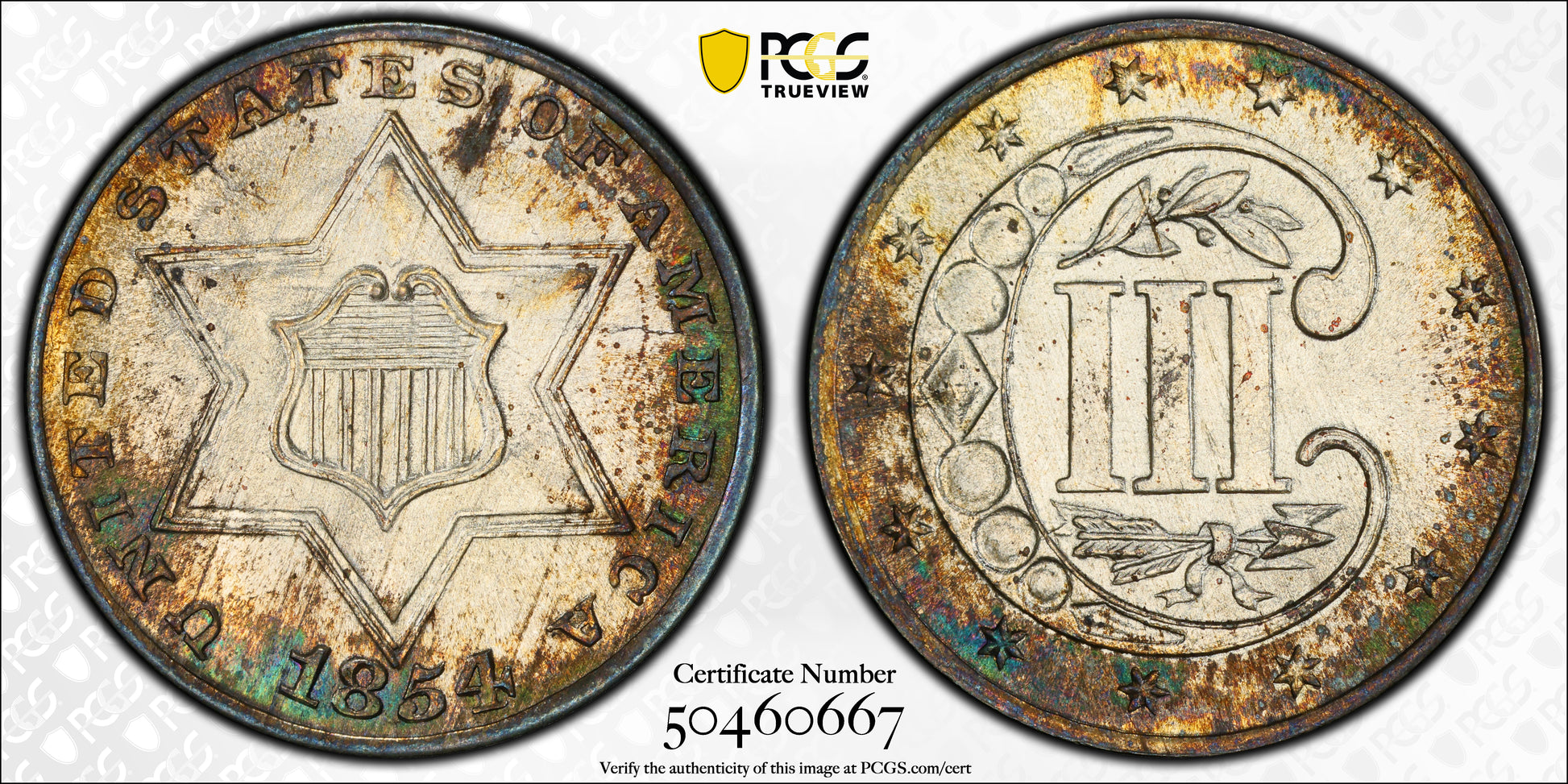 1854 Three Cent Silver Piece 3CS PCGS MS67 - TONED!