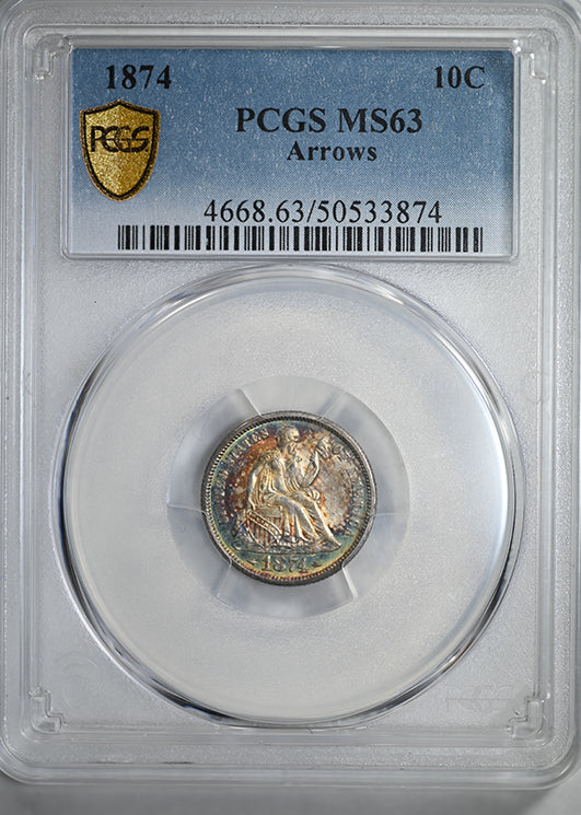 1874 Liberty Seated Dime 10C PCGS MS63 - Arrows - TONED!