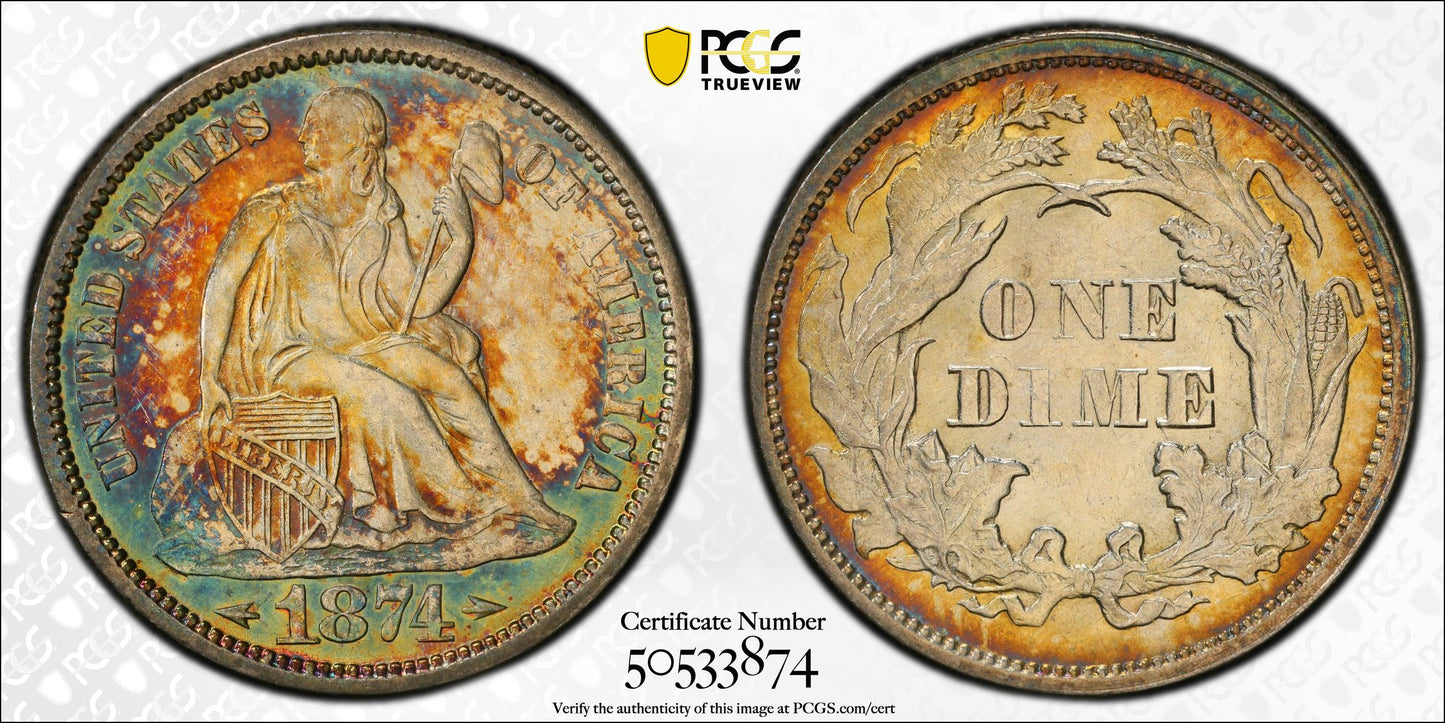 1874 Liberty Seated Dime 10C PCGS MS63 - Arrows - TONED!