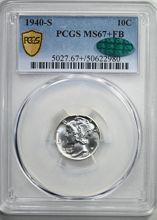 1940-S Mercury Dime 10C PCGS MS67+FB CAC - Full Bands