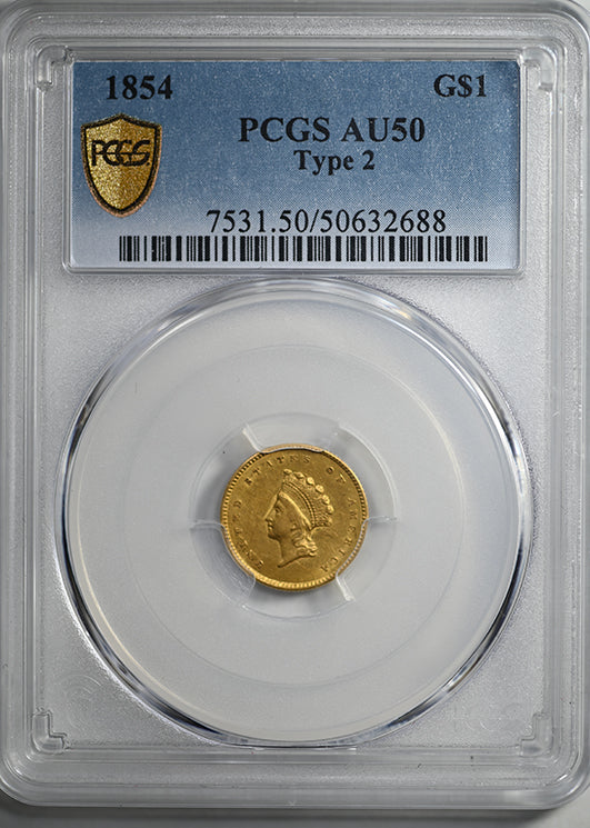 1854 Type 2 Indian Princess Head Gold Dollar G$1 PCGS AU50