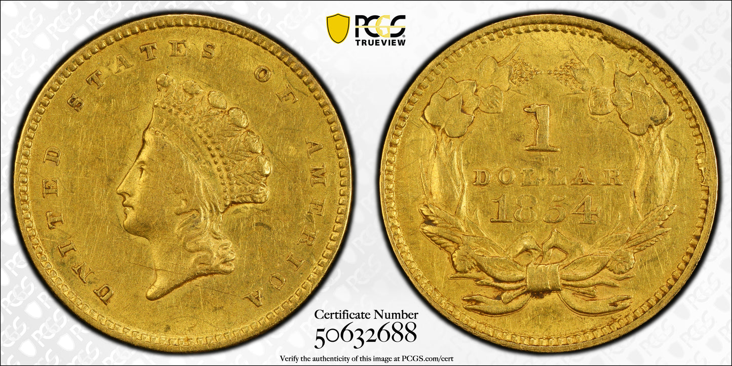 1854 Type 2 Indian Princess Head Gold Dollar G$1 PCGS AU50