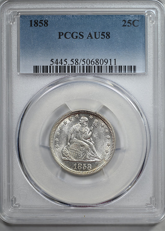 1858 Liberty Seated Quarter 25C PCGS AU58